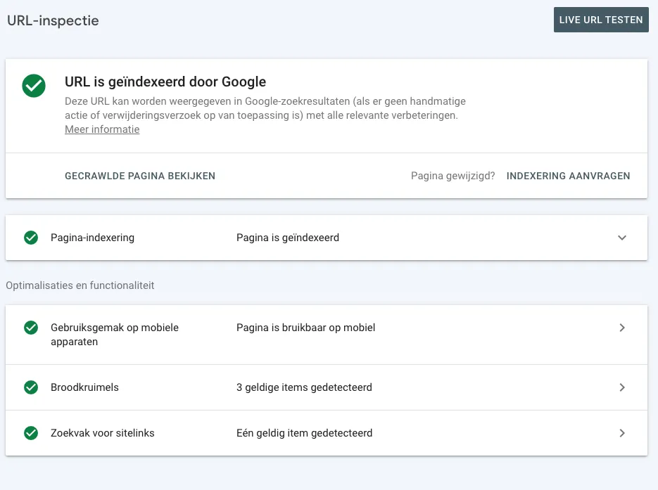 URL-inspectie binnen Google Search Console voor analyse van pagina